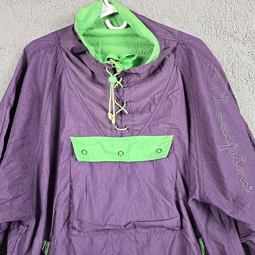 Vintage 90’s Men Y2K Champion Windbreaker Lace Up Nylon Jacket Size S Purple/Gre - Picture 3 of 16